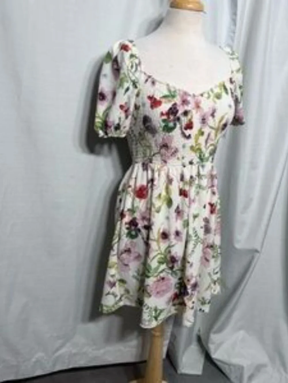 Floral Smocked Waist Puff Sleeve Mini Dress Cottagecore Garden Party - Picture 2 of 6